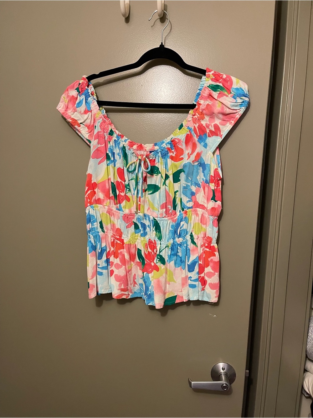 Old Navy Coral Pink Blue Floral Off-Shoulder Top